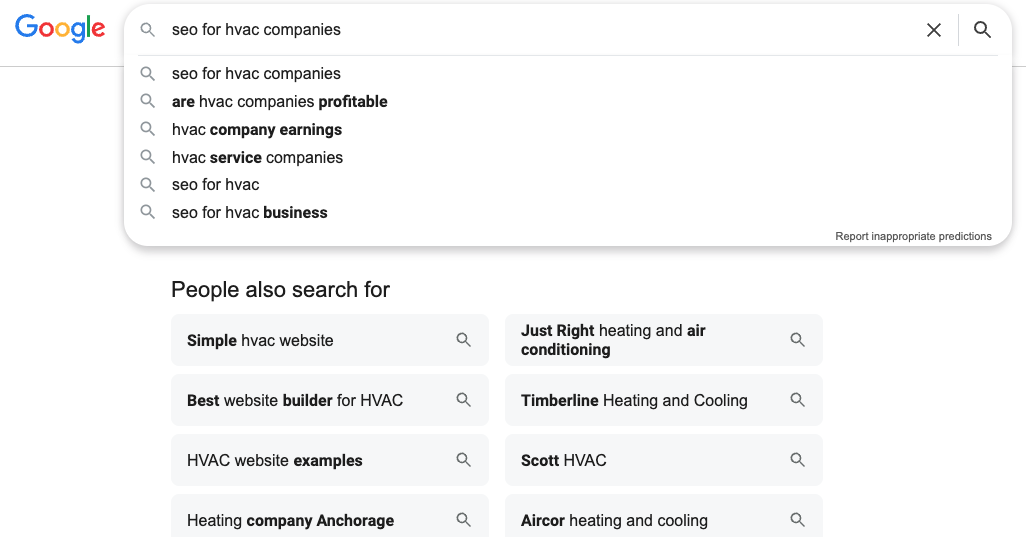 Google search autocomplete results for SEO for HVAC companies