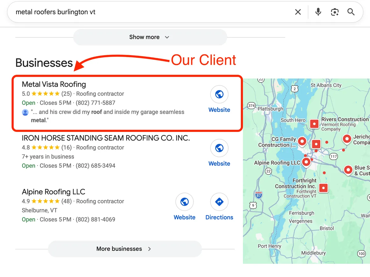 Google map pack for metal roofers in Burlington, VT with an Esker Designs client ranked first